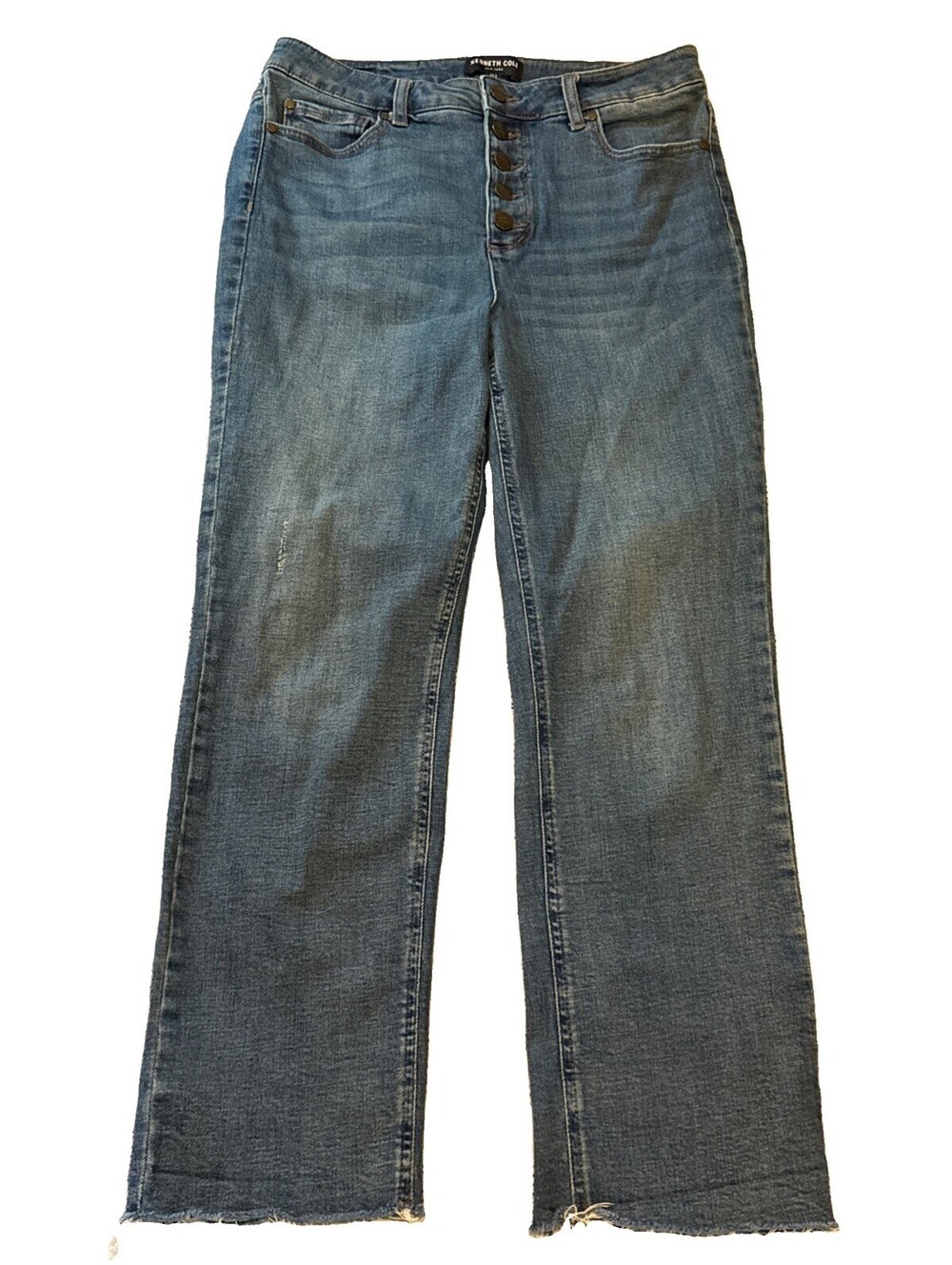 Kenneth Cole Women Button Fly High Rise Straight Leg Raw Hem Stretch Jeans Sz 8